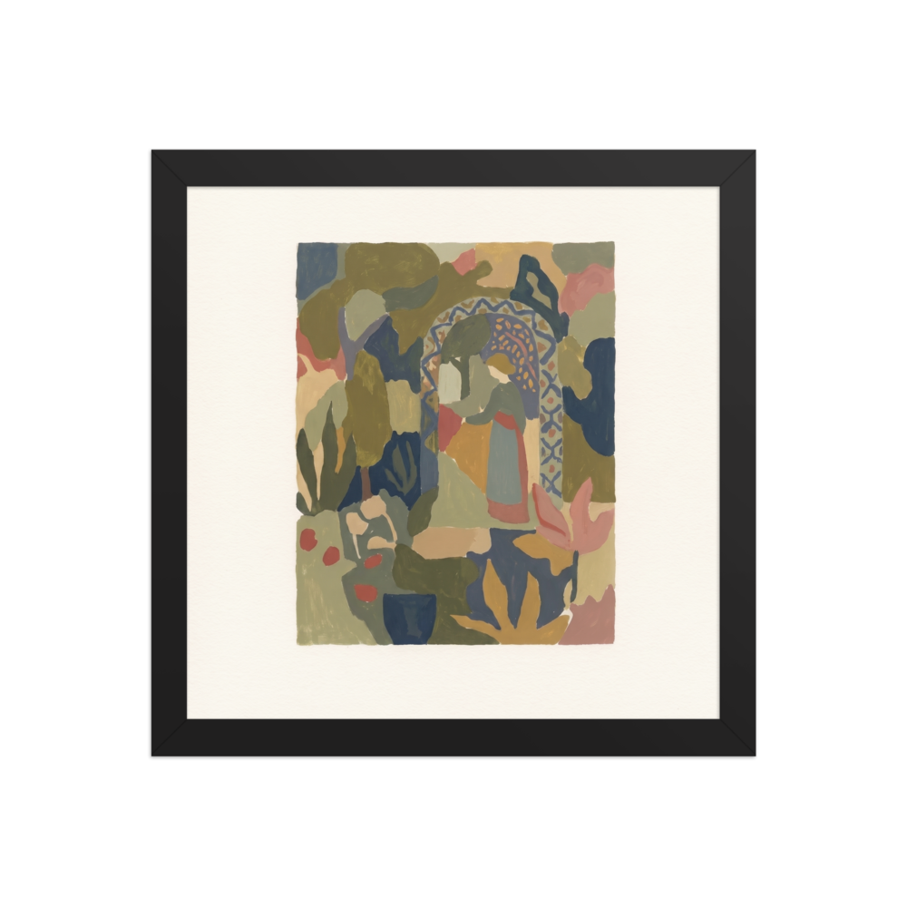 'The Garden Archway', Les Nabis wall art in olive drab and dark slate blue. An abstract Les Nabis painting of a woman standing beneath a patterned garden archway surrounded by colorful foliage, creating an elegant focal point for a living room or hallway.