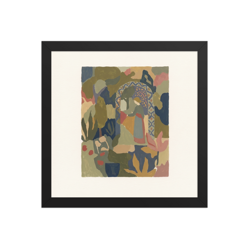 'The Garden Archway', Les Nabis wall art in olive drab and dark slate blue. An abstract Les Nabis painting of a woman standing beneath a patterned garden archway surrounded by colorful foliage, creating an elegant focal point for a living room or hallway.