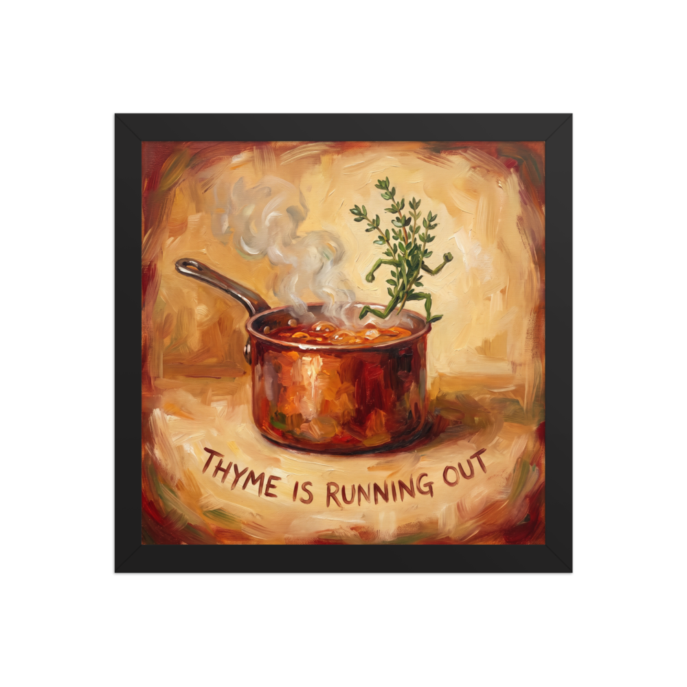 A amusement / humorous Impressionism print, 'Thyme Is Running Out'. A humorous oil painting of a thyme sprig running out of a steaming copper pot, ideal kitchen wall art.
