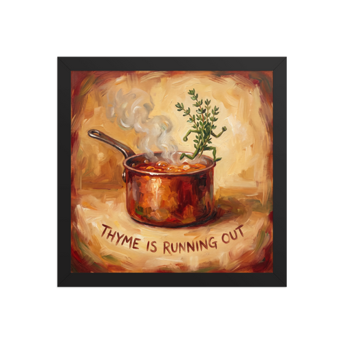 A amusement / humorous Impressionism print, 'Thyme Is Running Out'. A humorous oil painting of a thyme sprig running out of a steaming copper pot, ideal kitchen wall art.