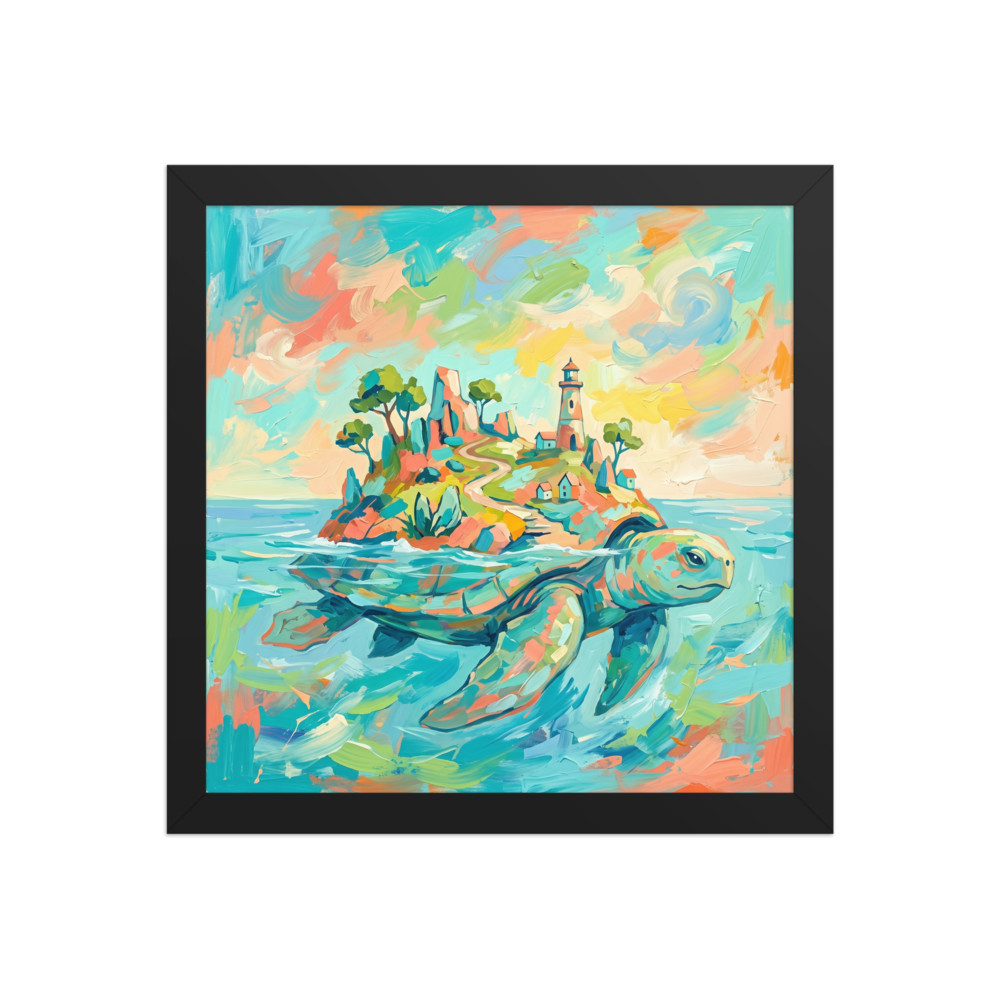 Fine art print 'Sanctuary of the World Turtle' in a Fauvism style. Whimsical pastel oil painting of a mythical sea turtle carrying a coastal island and lighthouse, ideal wall art for a sunroom.