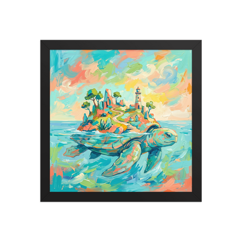 Fine art print 'Sanctuary of the World Turtle' in a Fauvism style. Whimsical pastel oil painting of a mythical sea turtle carrying a coastal island and lighthouse, ideal wall art for a sunroom.