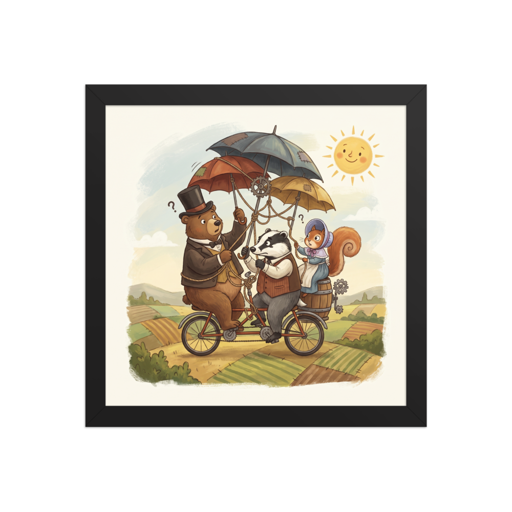 A whimsical illustration of a bear, badger, and squirrel riding a tandem bicycle with umbrellas in a sunny countryside setting, perfect for a playroom. A Animation art print titled 'The Peculiar Journey'.