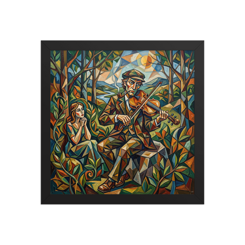 Cubist geometric painting of Orpheus playing violin in an enchanted forest, ideal for a living room wall. Available as the Cubism art print 'Orpheus and Eurydice'.