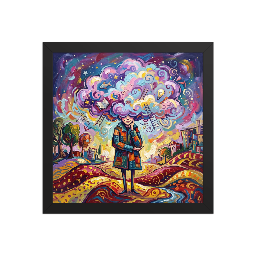Whimsical surrealist painting of a figure with a cloud of creative ideas above their head for library wall art. 'Mind in the Clouds', a Surrealism print for the wall.