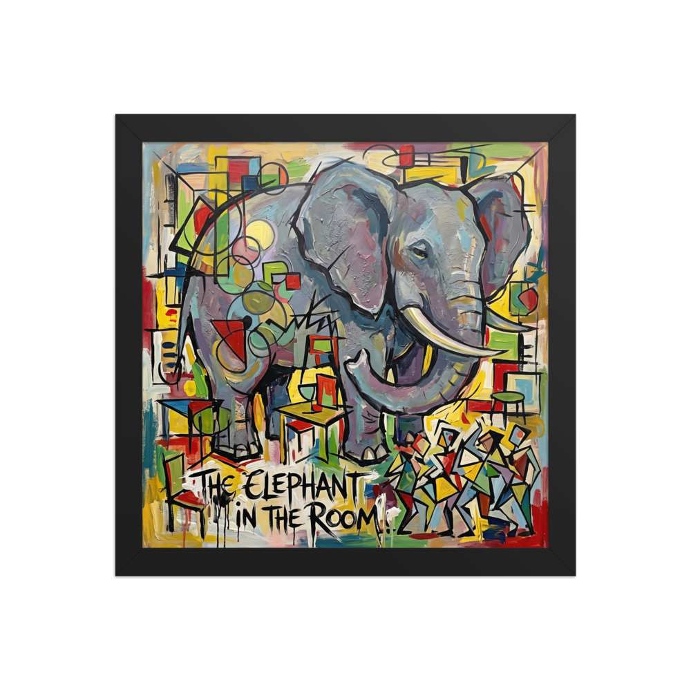 A bold cubist oil painting of a giant elephant standing inside a modern living room with geometric patterns. Shown here as the Cubism print 'The Elephant in the Room'.