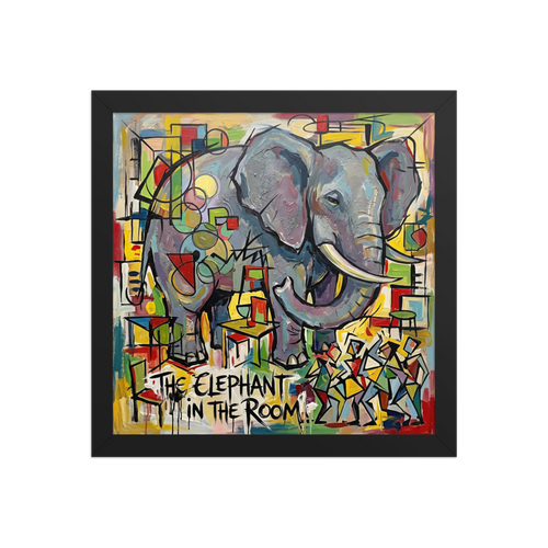 A bold cubist oil painting of a giant elephant standing inside a modern living room with geometric patterns. Shown here as the Cubism print 'The Elephant in the Room'.