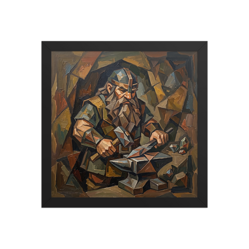 A Cubist oil painting of a bearded dwarven blacksmith hammering metal on an anvil in a Living Room decor setting. A Cubism print in brown and dark golden rod, 'The Forge of Brokkr'.