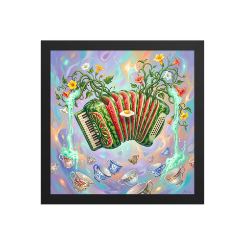 The Surrealism print 'Watermelon Serenade'. A vibrant surreal art print featuring a watermelon accordion sprouting vines and pouring tea into floating porcelain cups for a kitchen or cafe wall.