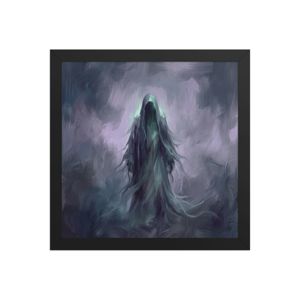 Symbolism wall art, 'Phantom of Morpheus'. Ethereal painting of a hooded phantom figure enveloped in purple mist, suited for a bedroom wall.