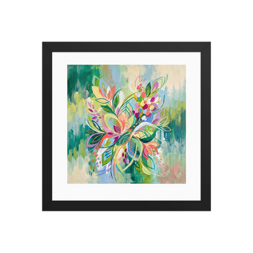 A vibrant Abstract expressionism floral painting with colorful petals and lush green brushstrokes, ideal for a Sunroom / Conservatory. A Abstract expressionism print in sea green and hot pink, 'Joyous Botanical Symphony'.