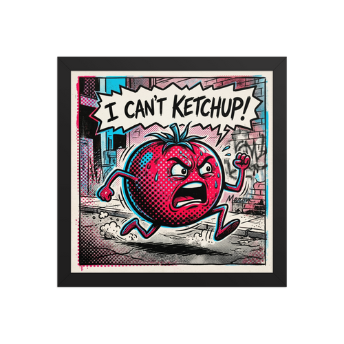 A amusement / humorous scene in red and cyan, 'Can't Ketchup'. A comic book style pop art illustration of an angry running tomato with a speech bubble that says 'I CAN\'T KETCHUP!' rendered in red and cyan halftone dots.