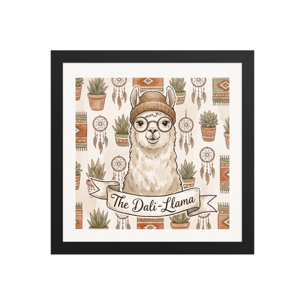Pop art wall art for the apartment / airbnb, 'The Dali-Llama'. A watercolor-style illustration of a hipster llama wearing glasses and a beanie with a banner reading 'The Dali-Llama', surrounded by boho decor.