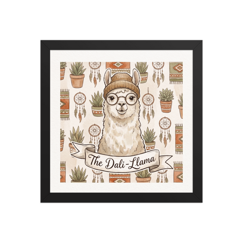 Pop art wall art for the apartment / airbnb, 'The Dali-Llama'. A watercolor-style illustration of a hipster llama wearing glasses and a beanie with a banner reading 'The Dali-Llama', surrounded by boho decor.