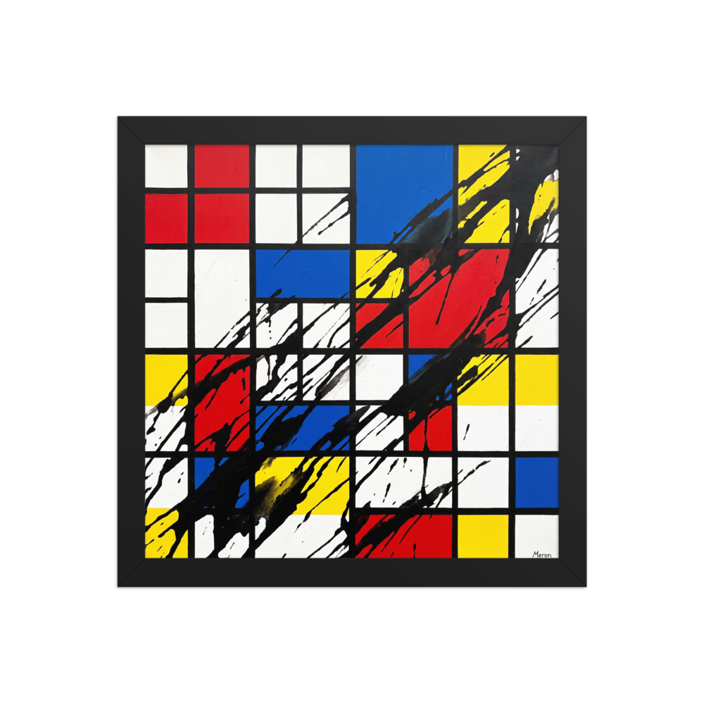 Abstract Mondrian primary color grid disrupted by dramatic diagonal black paint splashes, perfect wall art for a modern living room or studio. A De Stijl (also known as Neoplasticism) art print titled 'Disrupted Neoplasticism'.