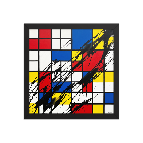Abstract Mondrian primary color grid disrupted by dramatic diagonal black paint splashes, perfect wall art for a modern living room or studio. A De Stijl (also known as Neoplasticism) art print titled 'Disrupted Neoplasticism'.