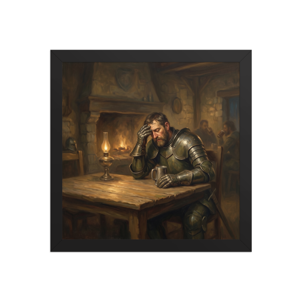 Realism wall art exploring history, 'The Weary Knight'. Atmospheric oil painting of a knight in armor brooding at a warm tavern table for den wall art.