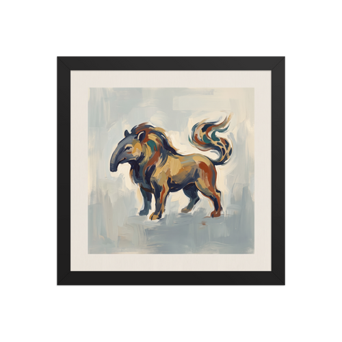 'Baku the Dream Eater', Folk art wall art in tan and slate gray. An expressive painting of the mythical Japanese Baku spirit in an entryway, with warm ochre and slate blue brushwork.