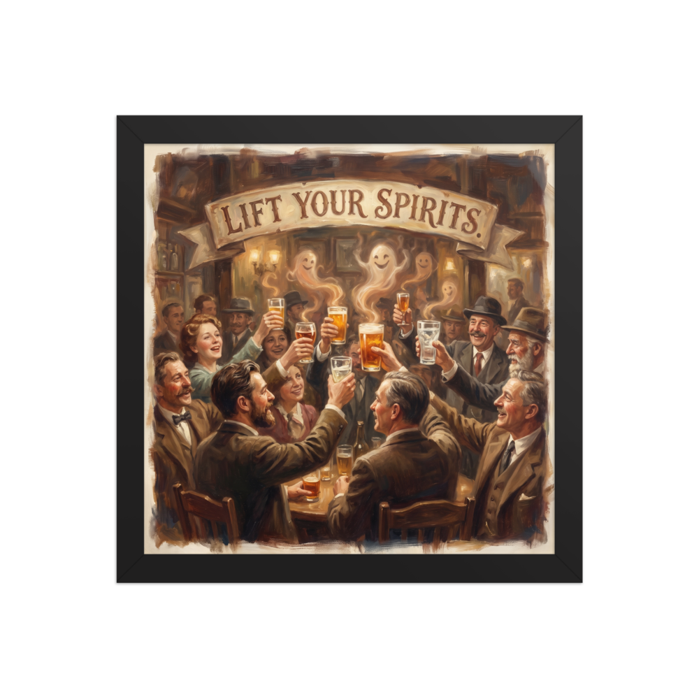 The Realism print 'Lift Your Spirits'. A warm oil painting of pub patrons raising beer glasses with playful ghosts rising from the foam, ideal home bar wall art.
