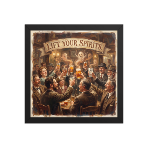 The Realism print 'Lift Your Spirits'. A warm oil painting of pub patrons raising beer glasses with playful ghosts rising from the foam, ideal home bar wall art.