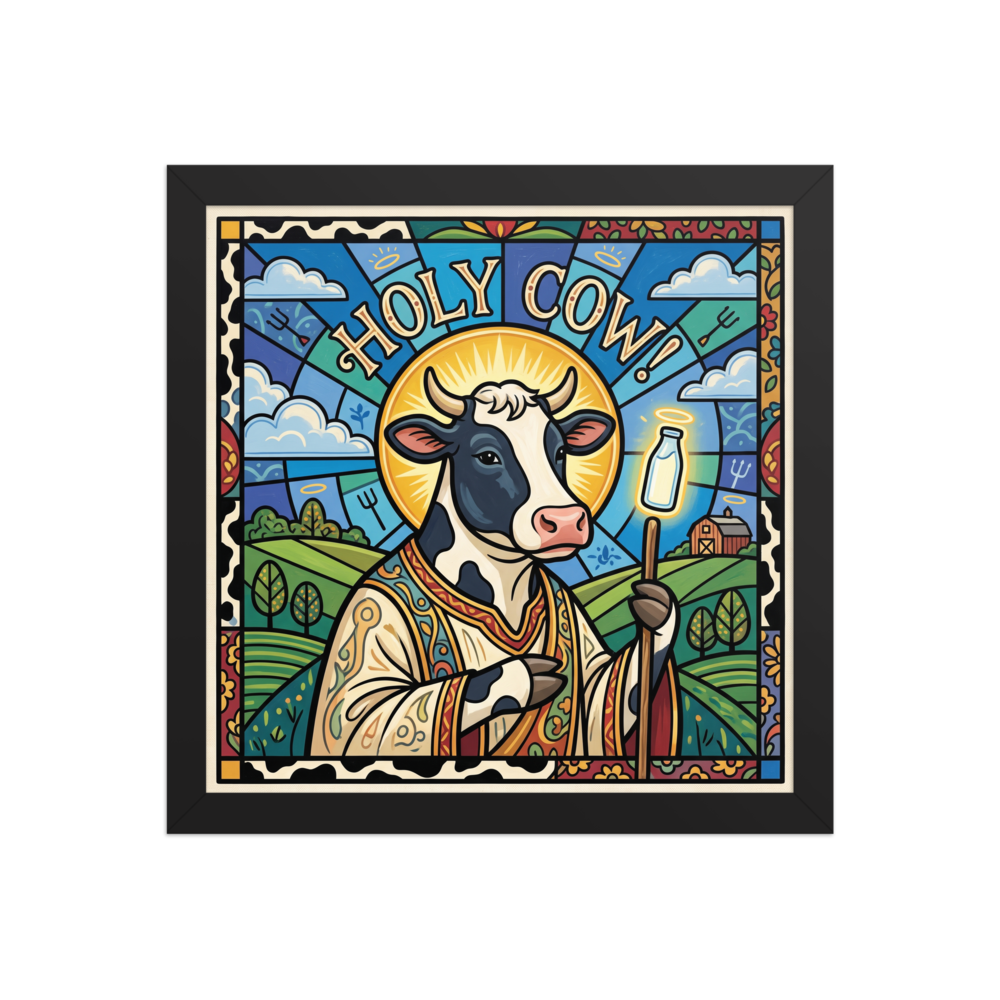 Pop art wall art exploring animals, 'Holy Cow!'. Stained glass style portrait of a haloed cow holding a bottle of milk under Holy Cow text for kitchen wall art.