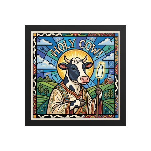 Pop art wall art exploring animals, 'Holy Cow!'. Stained glass style portrait of a haloed cow holding a bottle of milk under Holy Cow text for kitchen wall art.