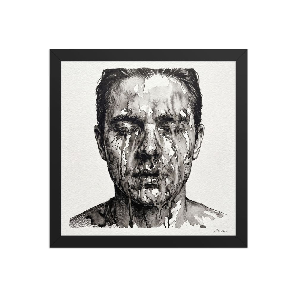 'Dissolving Gaze', a Expressionism wall art print. Dramatic monochrome ink wash portrait of a man's face dissolving with black ink drips on textured paper, perfect for a studio or bedroom wall.