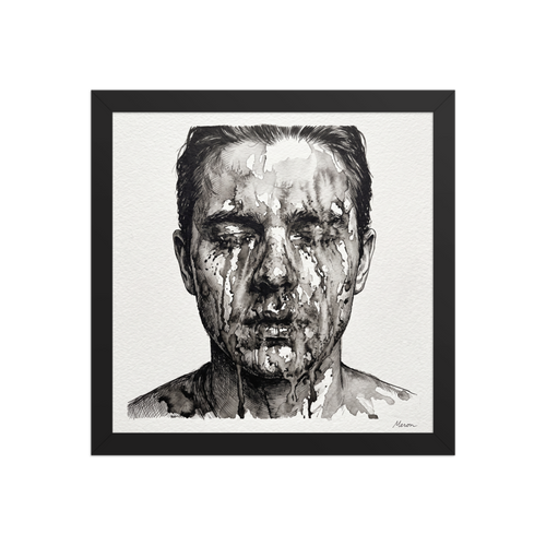 'Dissolving Gaze', a Expressionism wall art print. Dramatic monochrome ink wash portrait of a man's face dissolving with black ink drips on textured paper, perfect for a studio or bedroom wall.