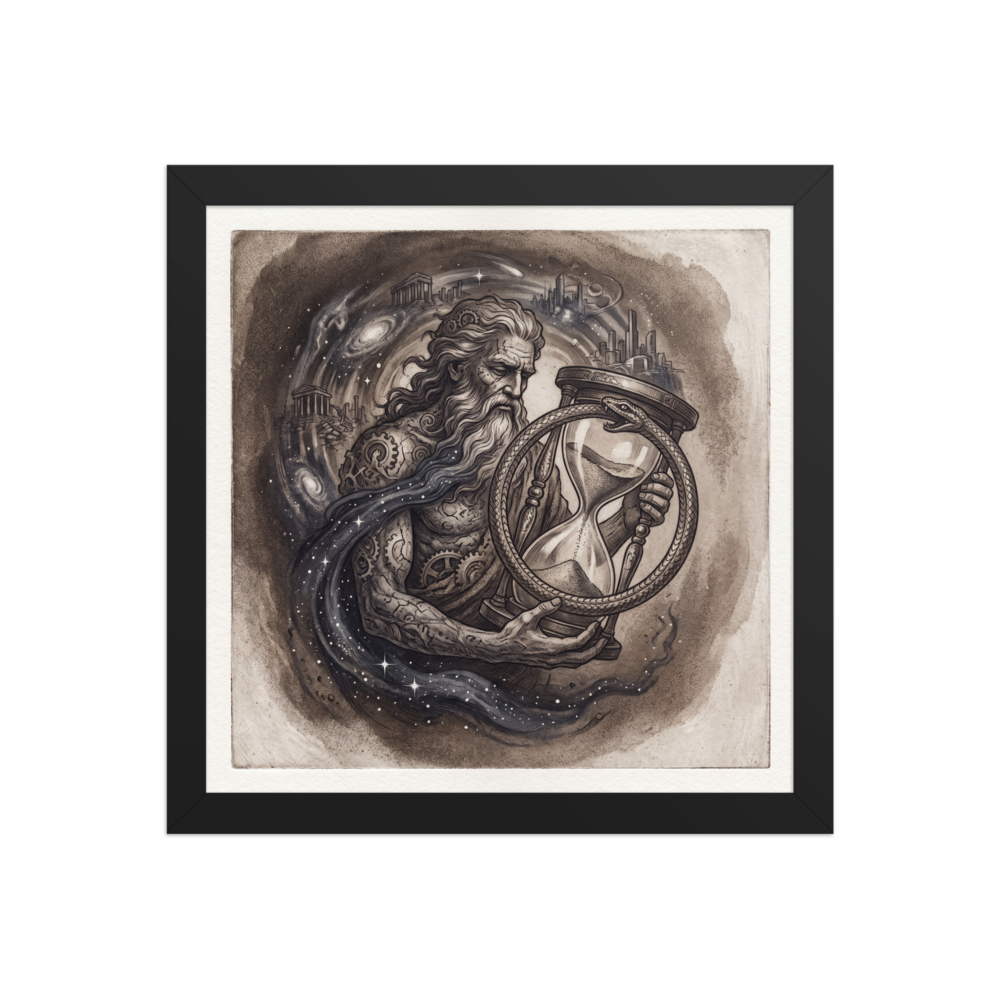 Symbolism wall art exploring mythology, 'Chronos and the Wheel of Time'. An intricate sepia ink illustration of Father Time holding an hourglass and snake ring in a Boardroom / Conference Room setting.