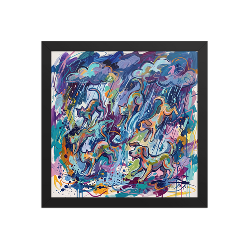 A vibrant abstract expressionist painting depicting cats and dogs falling through colorful rain clouds, ideal living room wall art. A Expressionism print with a acrylic painting techniques look, titled 'Raining Cats and Dogs'.