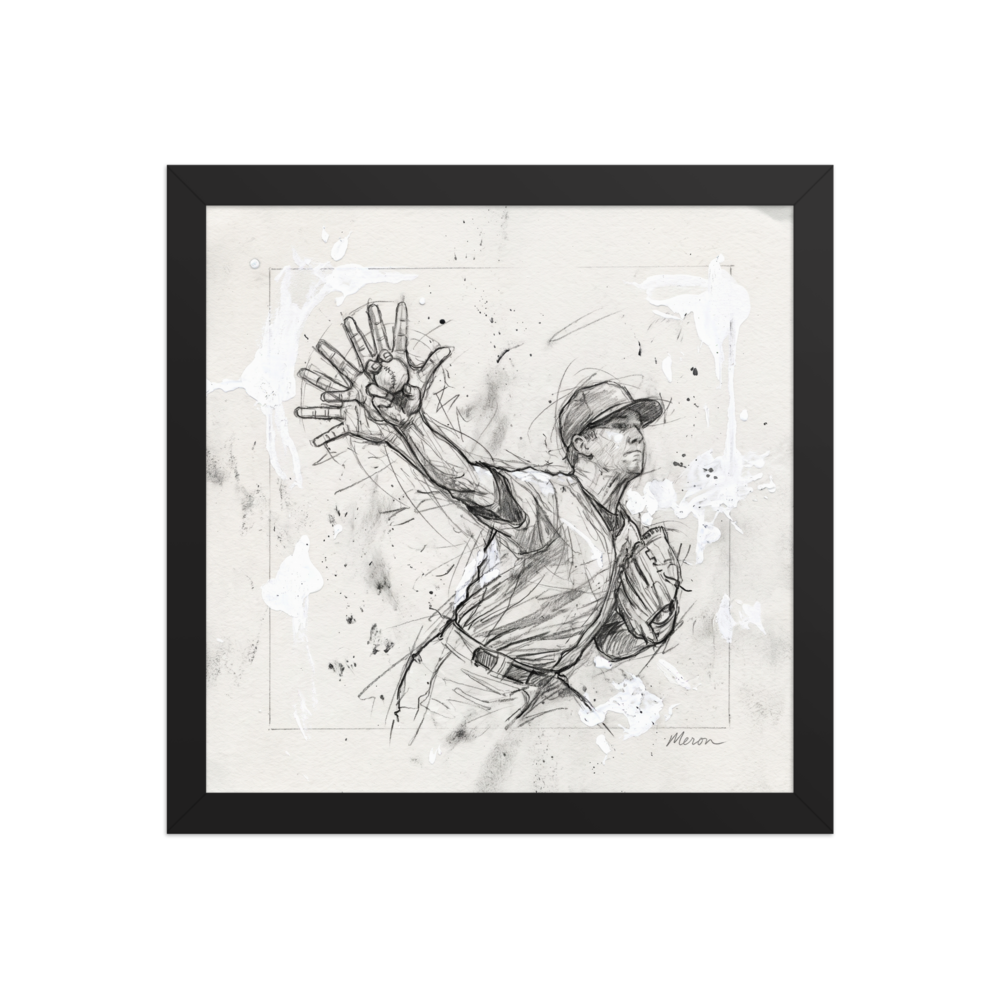 Dynamic graphite sports sketch of a baseball pitcher releasing a pitch with white paint splatters, ideal for game room wall art. Available as the Action painting art print 'Pitcher's Release'.