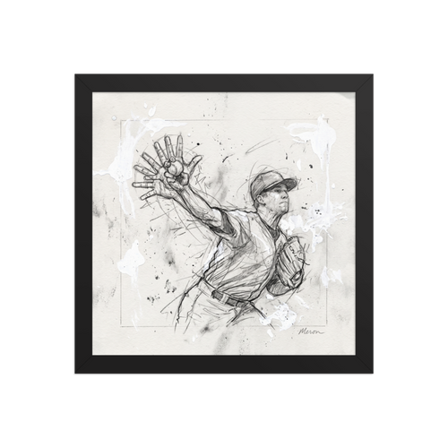 Dynamic graphite sports sketch of a baseball pitcher releasing a pitch with white paint splatters, ideal for game room wall art. Available as the Action painting art print 'Pitcher's Release'.