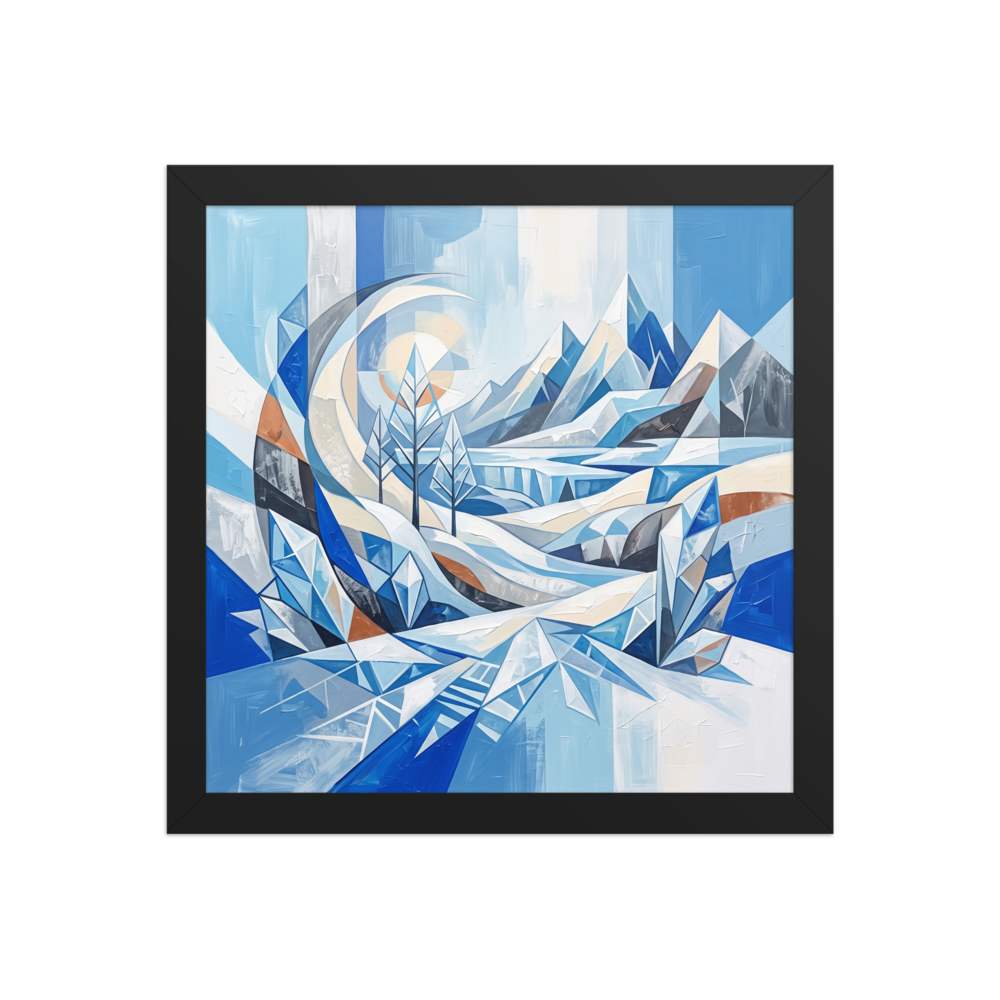 'Crystalline Alpine Haven'. A geometric Crystal Cubism winter landscape print displaying angular mountains and frozen pine trees, perfect for a modern Living Room. Offered as a Crystal Cubism print.
