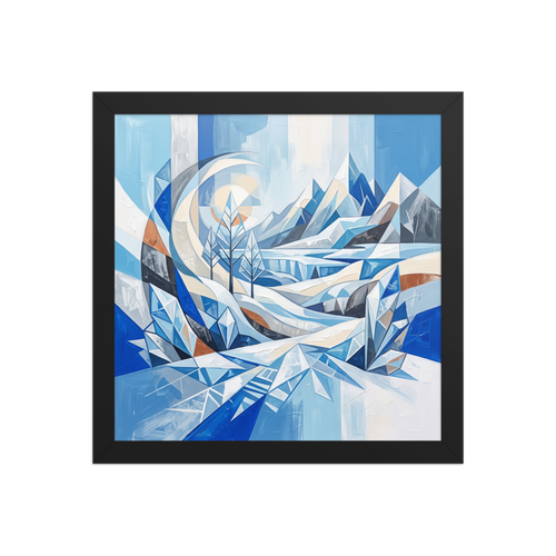 'Crystalline Alpine Haven'. A geometric Crystal Cubism winter landscape print displaying angular mountains and frozen pine trees, perfect for a modern Living Room. Offered as a Crystal Cubism print.