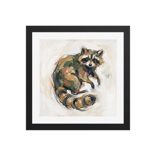Impassioned oil painting of a curled Tanuki raccoon dog spirit in olive green and warm ochre tones for a bedroom or living room wall. A calmness piece titled 'Tanuki Rest'.