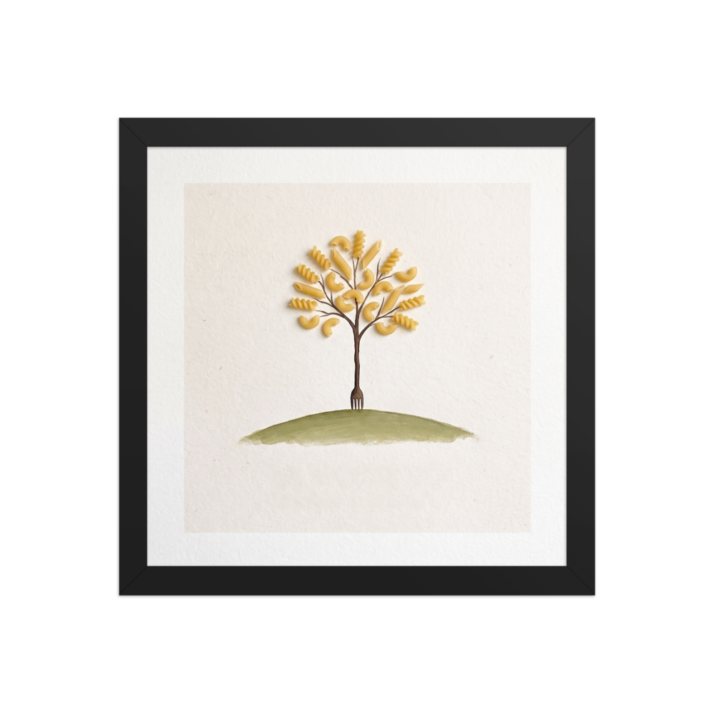 Wall art print 'The Pasta Tree' in a Surrealism style. Whimsical minimalist illustration of a fork tree growing pasta foliage over a green hill for kitchen wall art.