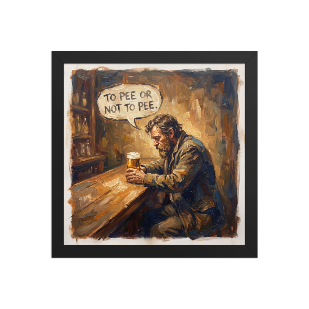 A humorous oil painting of a man at a bar looking at his beer with a speech bubble saying 'To pee or not to pee,' perfect for a home bar. Available as the Impressionism art print 'The Drinkers Dilemma'.
