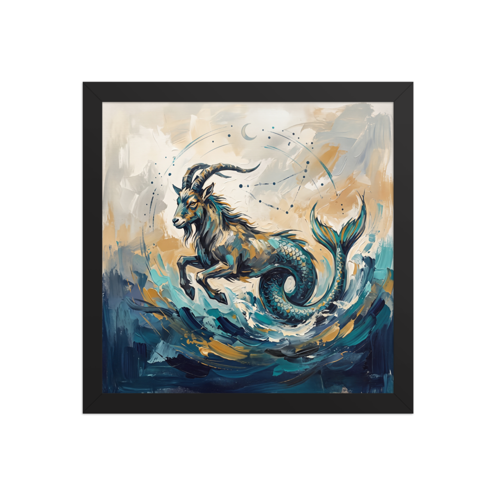 An impasto painting of the Capricorn sea goat jumping through ocean waves in a bedroom, featuring teal, deep navy, and gold brushstrokes. A Symbolism print in teal and navy, 'Celestial Sea-Goat'.
