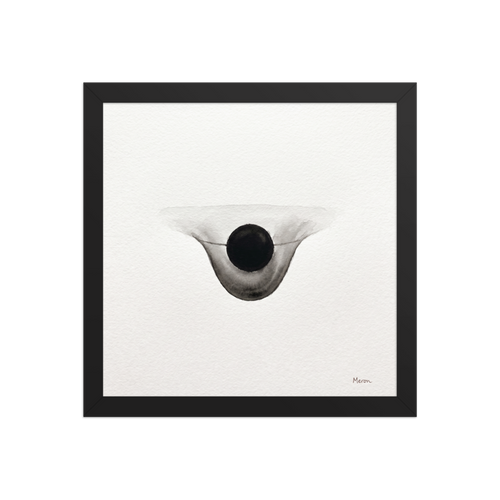 Minimalist black ink wash painting on textured paper featuring a central black circle inside a soft grayscale gradient, perfect for bedroom wall art. A Minimalism print with a ink wash painting look, titled 'Gravitational Equilibrium'.