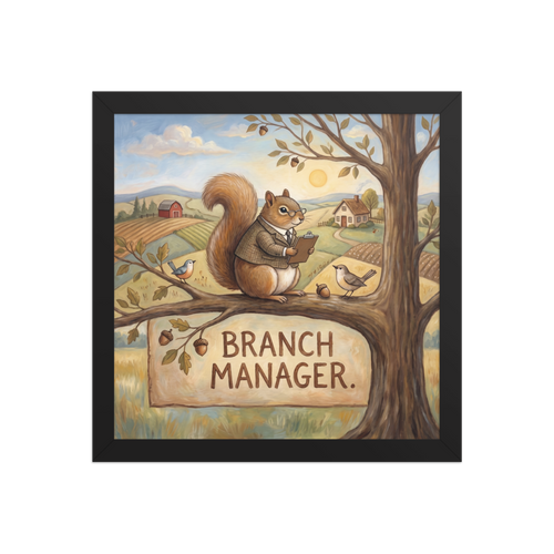 'Branch Manager', part of Meron's Folk art wall art. A whimsical oil painting of a squirrel in a suit holding a clipboard on a tree branch overlooking rolling hills, perfect for office decor.