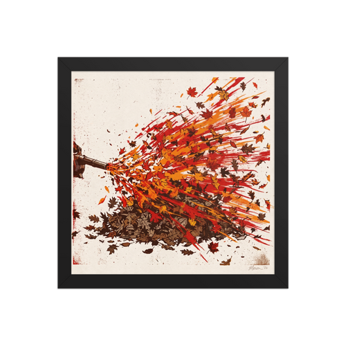 A graphic art print of a leaf blower scattering autumn leaves in vibrant red and orange tones, perfect as hallway wall art. A Pop art print with a digital art look, titled 'Autumn Blast'.