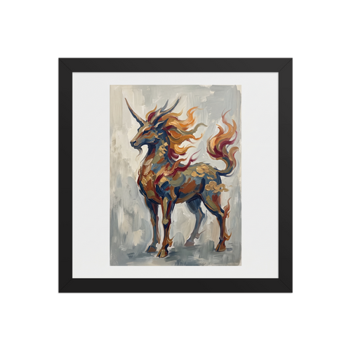 'Qilin's Majesty', a Expressionism wall art print. Impasto oil painting of the mythical Qilin with golden scales and fiery mane, ideal for a living room wall.
