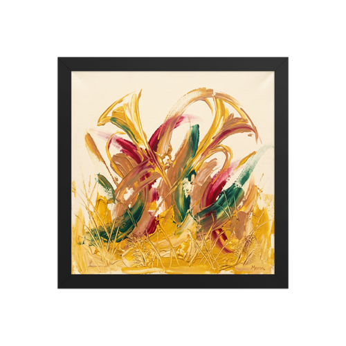 Wall art print 'Wild Flora in High Relief' in a Abstract expressionism style. Thick impasto acrylic floral abstract painting with vibrant yellow crimson and green palette knife strokes in a sunroom wall art setting.