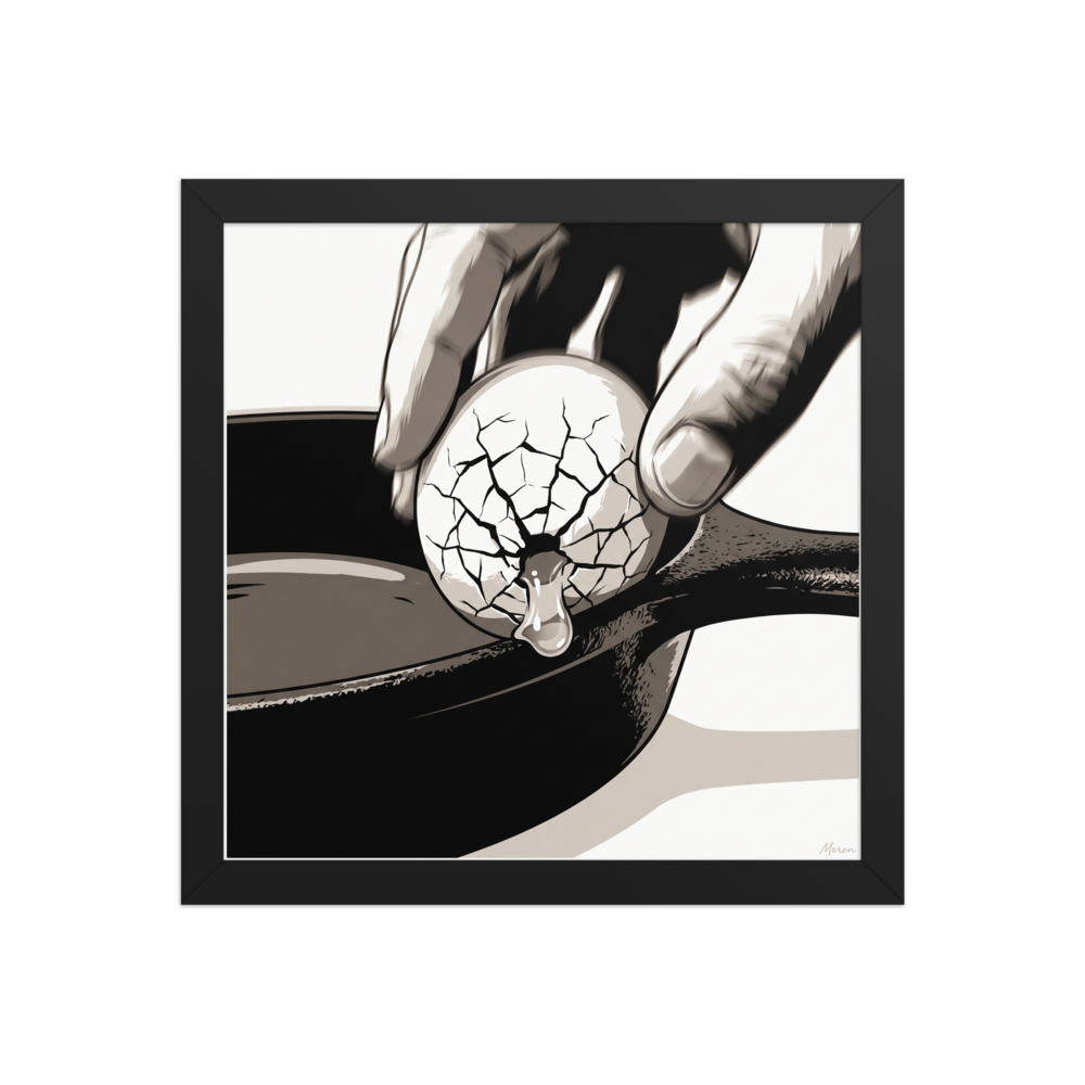 A high-contrast graphic pop art illustration of an egg cracking on a cast-iron skillet in a modern kitchen. Shown here as the Pop art print 'Cracking the Shell'.