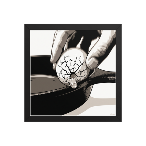 A high-contrast graphic pop art illustration of an egg cracking on a cast-iron skillet in a modern kitchen. Shown here as the Pop art print 'Cracking the Shell'.