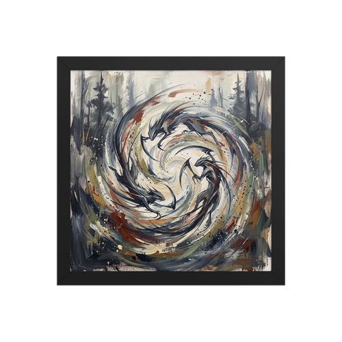 'Kamaitachi Whirlwind'. Swirling dynamic oil painting of Japanese sickle-weasel wind spirits (Kamaitachi) in a pine forest vortex for a living room wall. Offered as a Expressionism print.