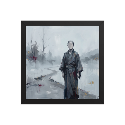 'The Faceless Wanderer'. A minimalist painting of a faceless figure in dark robes on a snowy path in a meditation room wall art layout. Offered as a Japanese art print.