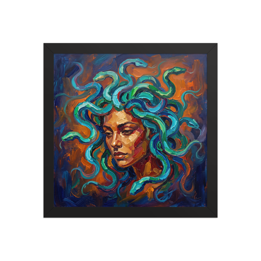 Expressionism wall art, 'Medusa's Gaze'. Expressionist impasto portrait of Medusa with vibrant blue and green serpents, perfect for a living room wall.