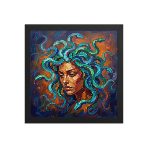 Expressionism wall art, 'Medusa's Gaze'. Expressionist impasto portrait of Medusa with vibrant blue and green serpents, perfect for a living room wall.