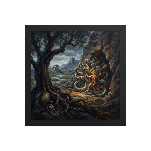 A brooding Academic art print, 'Hercules and the Hydra'. Classical oil painting of Hercules fighting the multi-headed Hydra serpent, ideal for a living room wall.
